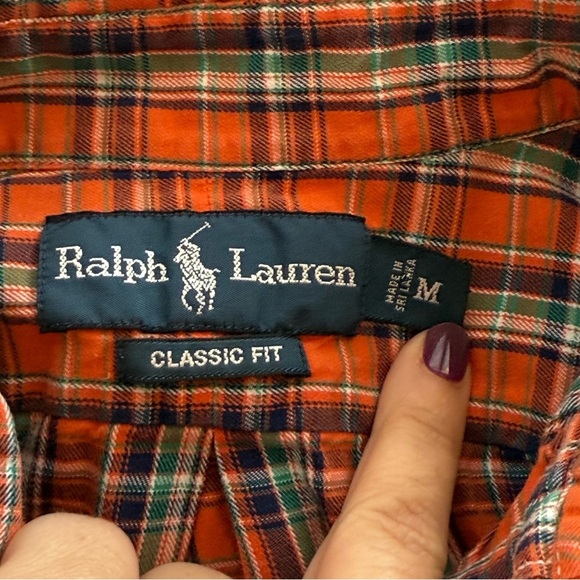 Ralph Lauren Button Down Dress Shirt Medium Classic Fit Orange Blue Plaid Preppy - Picture 7 of 8